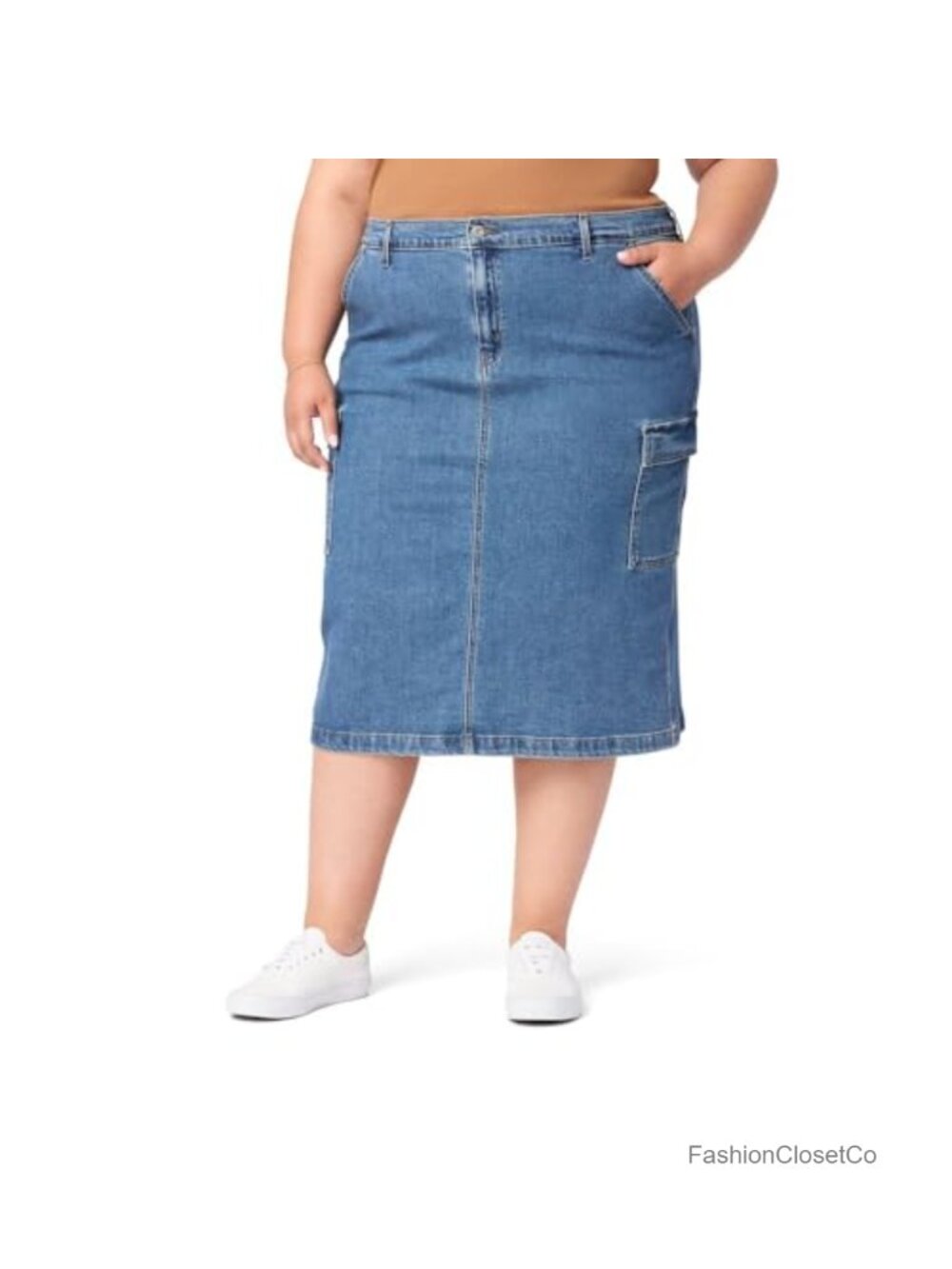 Women's Cargo Midi Skirt Mid Rise Utility Pocket Below Knee Casual